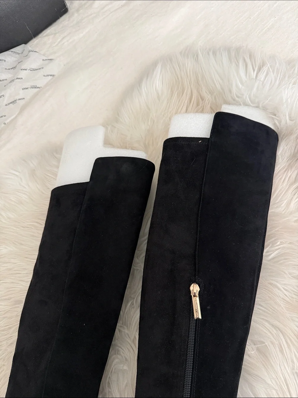 Karl Lagerfeld Black Suede Over-the-Knee Boots with Gold Ring Detail. NWOT
